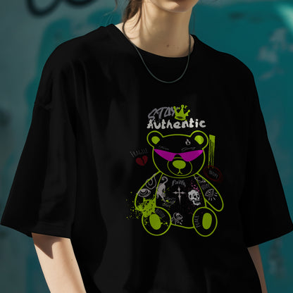 Oversized Unisex Stay Authentic Graffiti Bear T-Shirt – Black