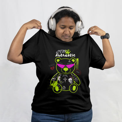 Oversized Unisex Stay Authentic Graffiti Bear T-Shirt – Black
